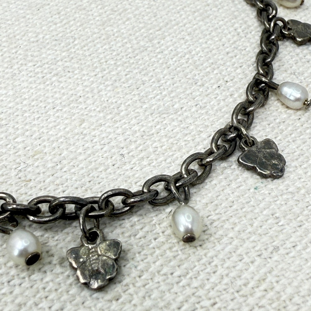 Sterling Silver Charm Bracelet Freshwater Pearls Butterfly Charms Dainty Minimal